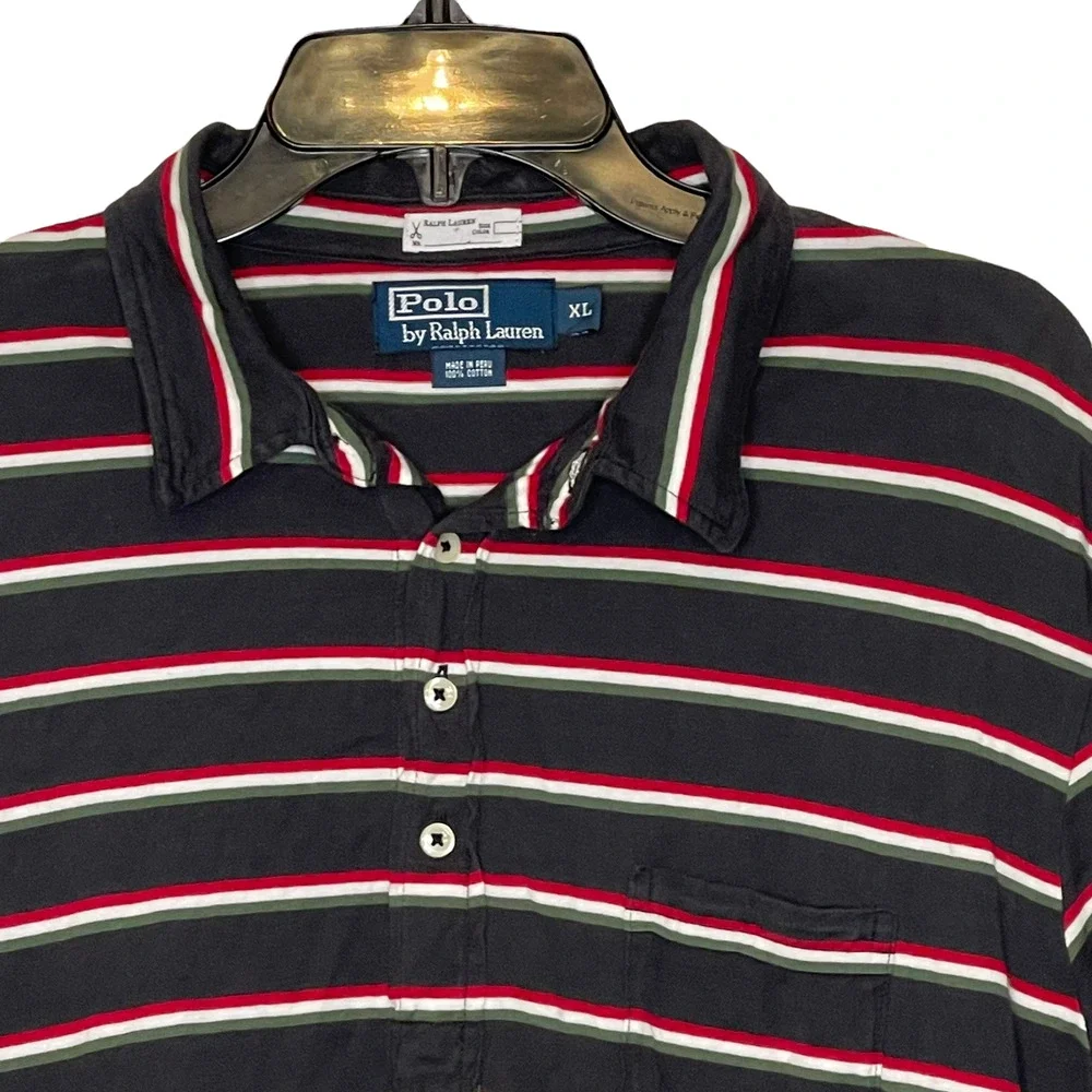 Polo Ralph Lauren Mens Golf Shirt Size‎ XL Navy With Green White Stripes Cotton